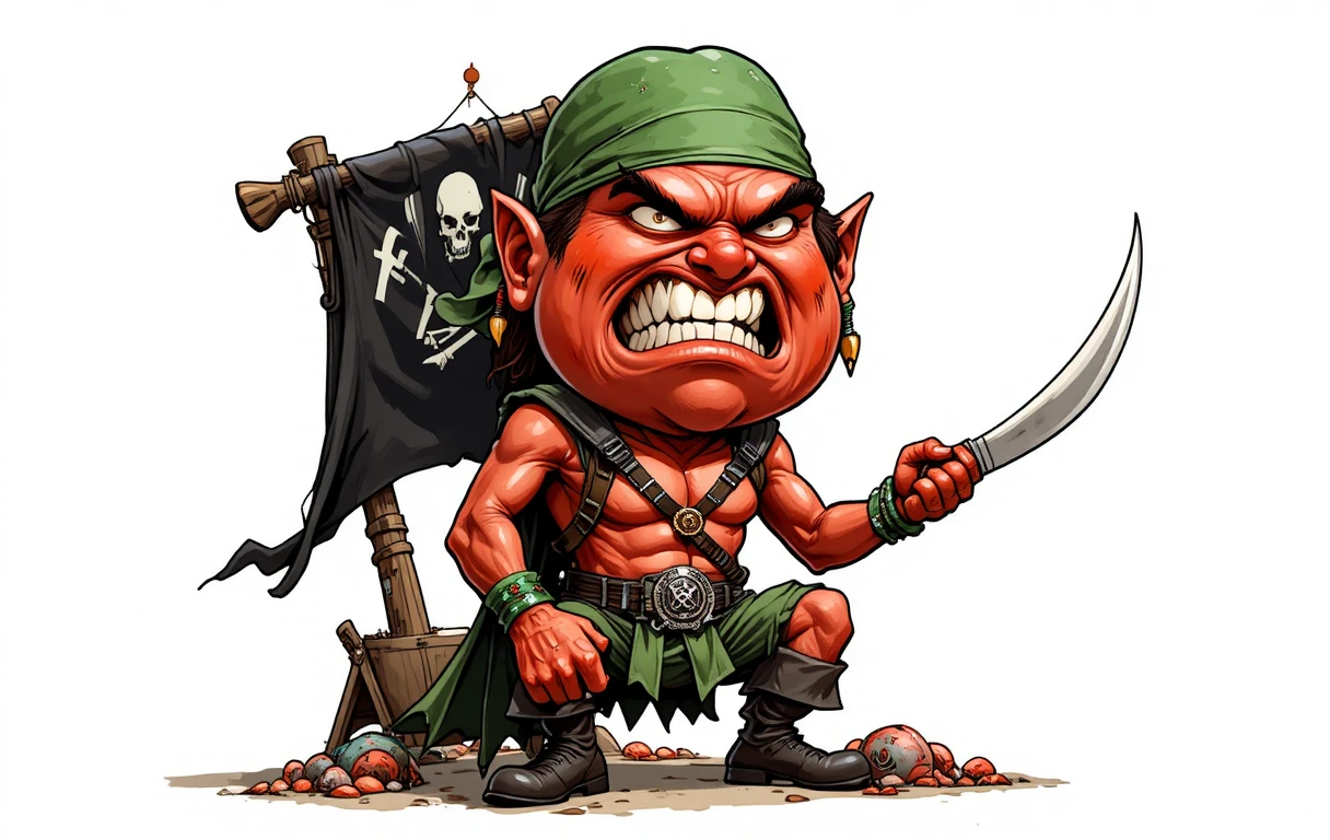 Tomate pirata em desenho animado com espada na praia de areia