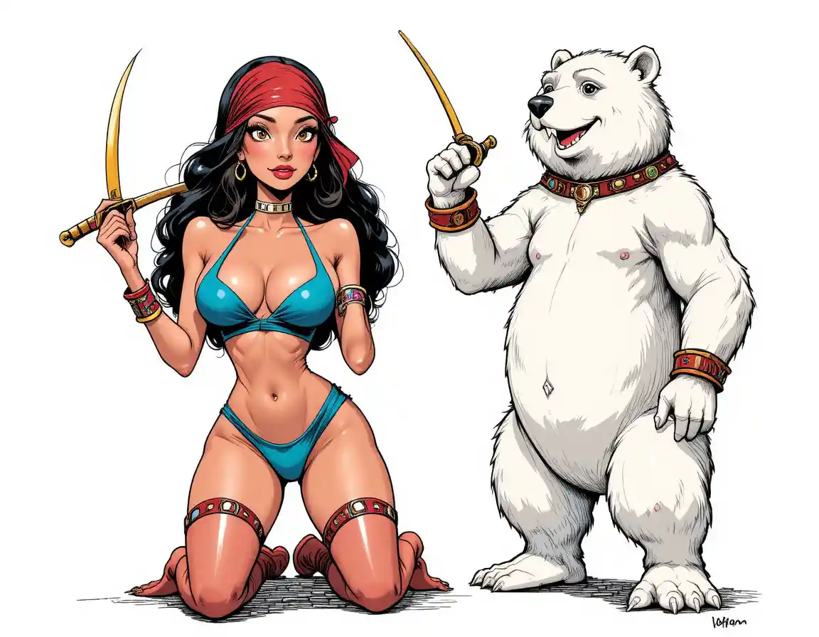 Retro cartoon sci fi woman with fluffy bear companion