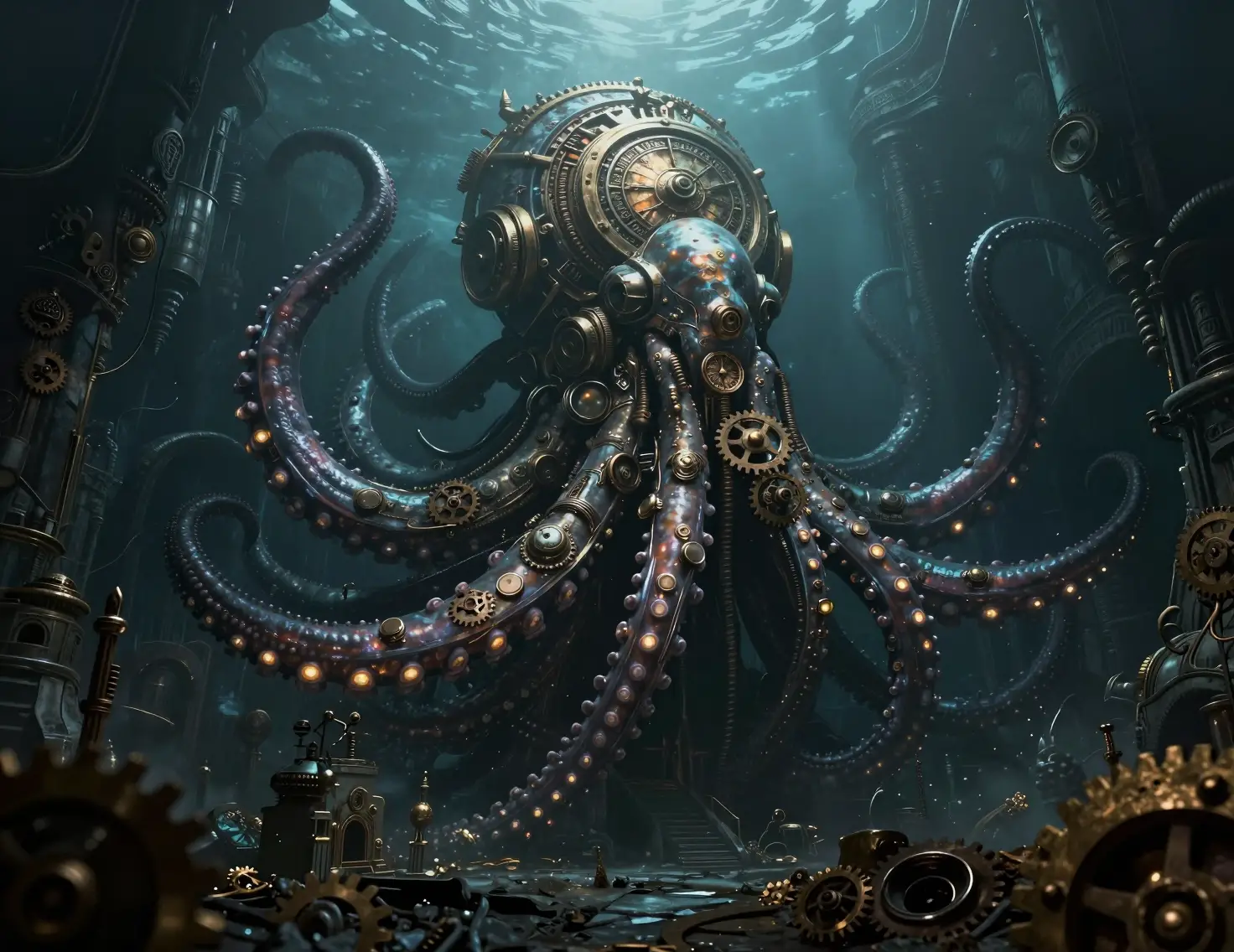 Antico kraken a orologeria che emerge da una oscura fossa oceanica