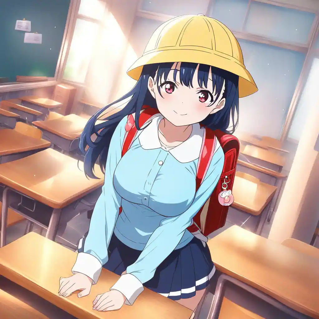 教室裡身穿黃色幼稚園制服的動漫女孩