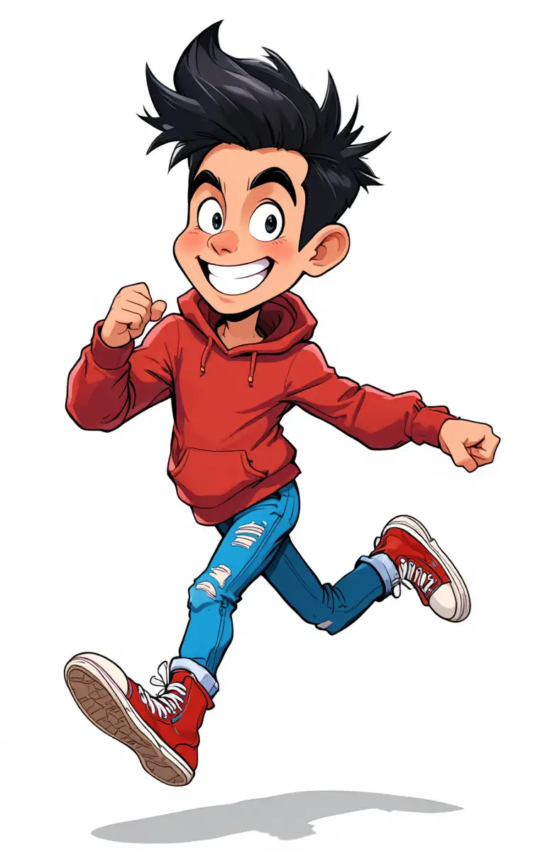Energischer Cartoon-Junge, der in rotem Hoodie und Sneakers springt