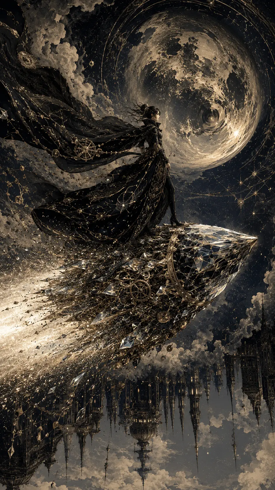 Elegante viaggiatrice che cavalca una cometa meccanica scultorea