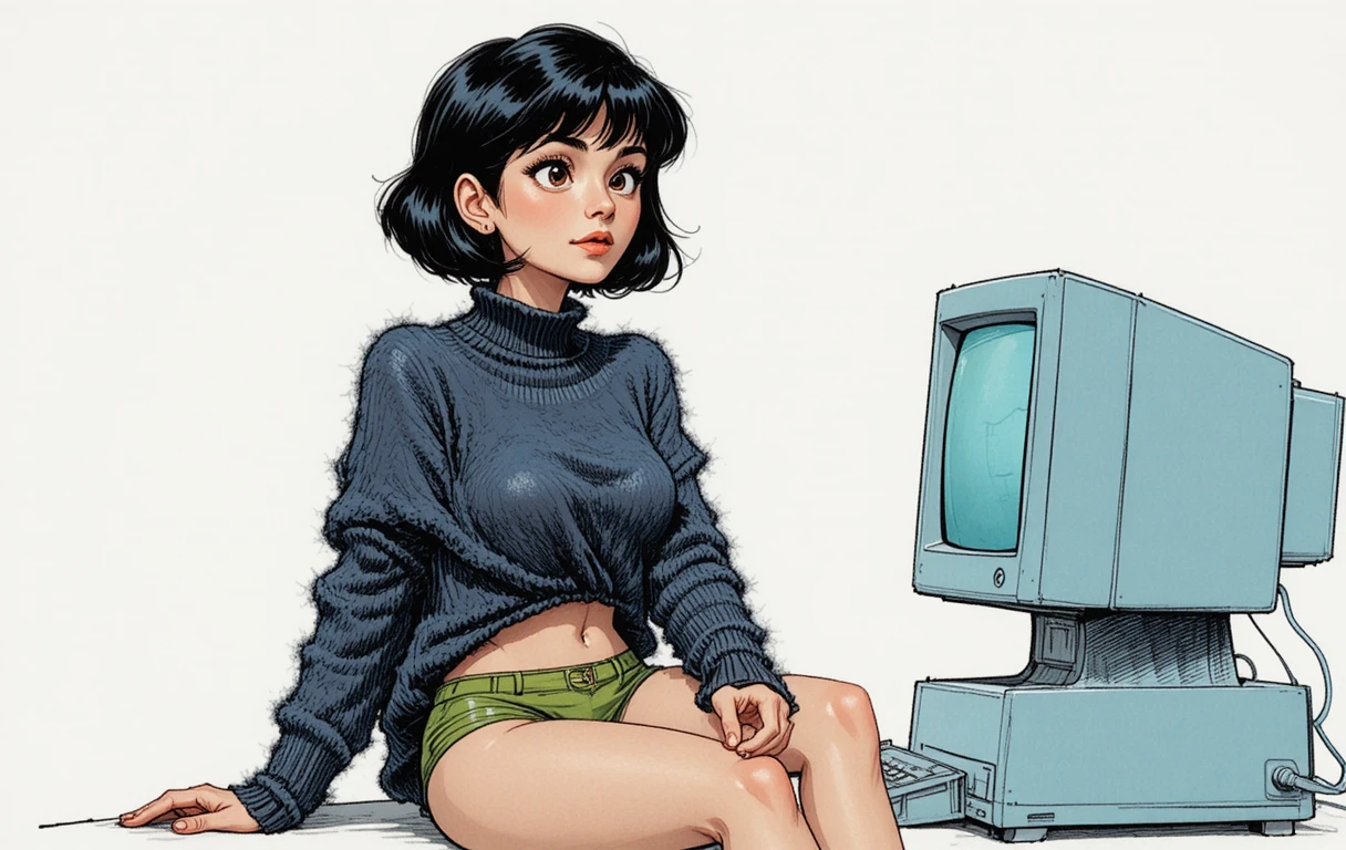 Garota divertida com computador retrô em ilustração estilo quadrinhos