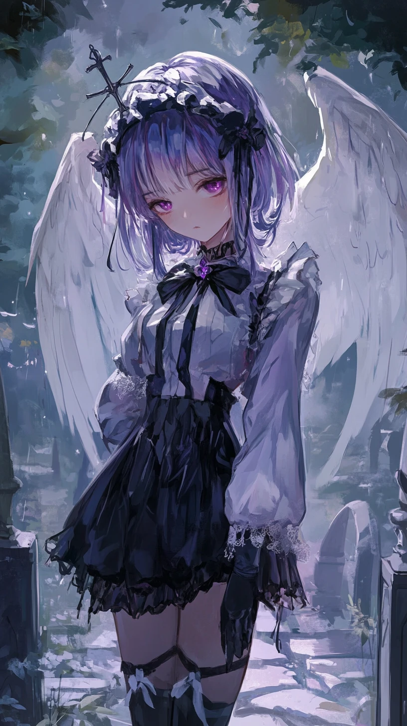 Garota de anime séria com asas brilhantes em vestido ornamentado