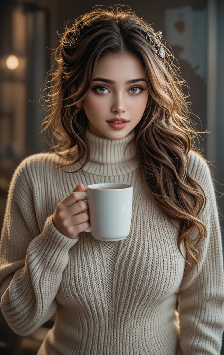 Mulher loira de suéter de gola alta apreciando café quente em ambiente interno