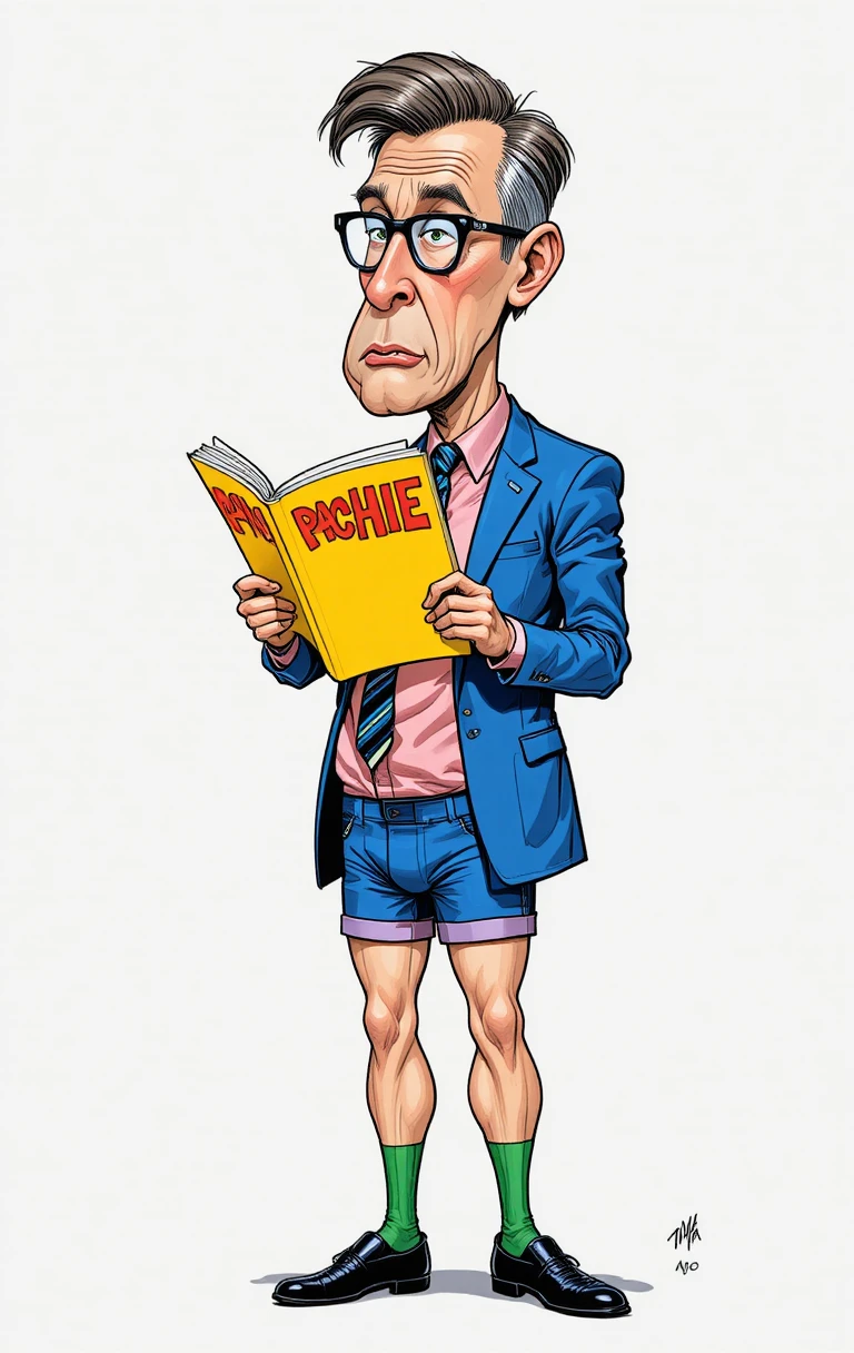 Homem de negócios cômico lendo revista com as calças nos tornozelos
