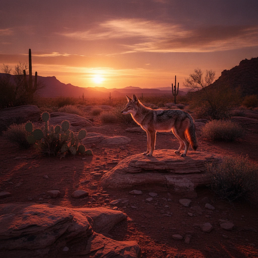 Coiote em pé em deserto rochoso à luz quente do pôr do sol