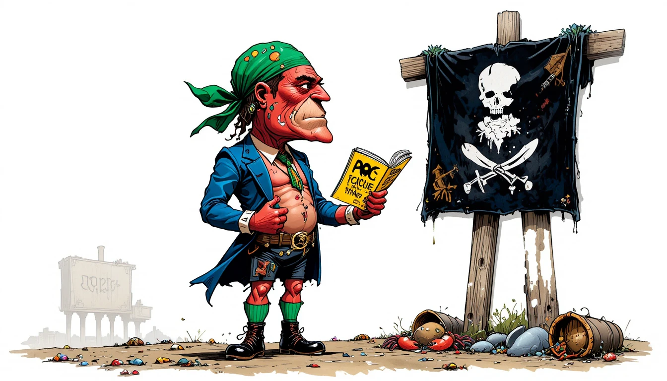 Pirata de tomate em desenho animado com espada na praia de areia