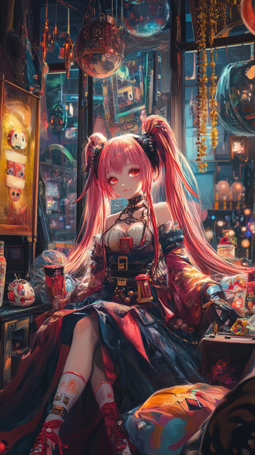 Anime girl singing in a golden cage of colorful pillows