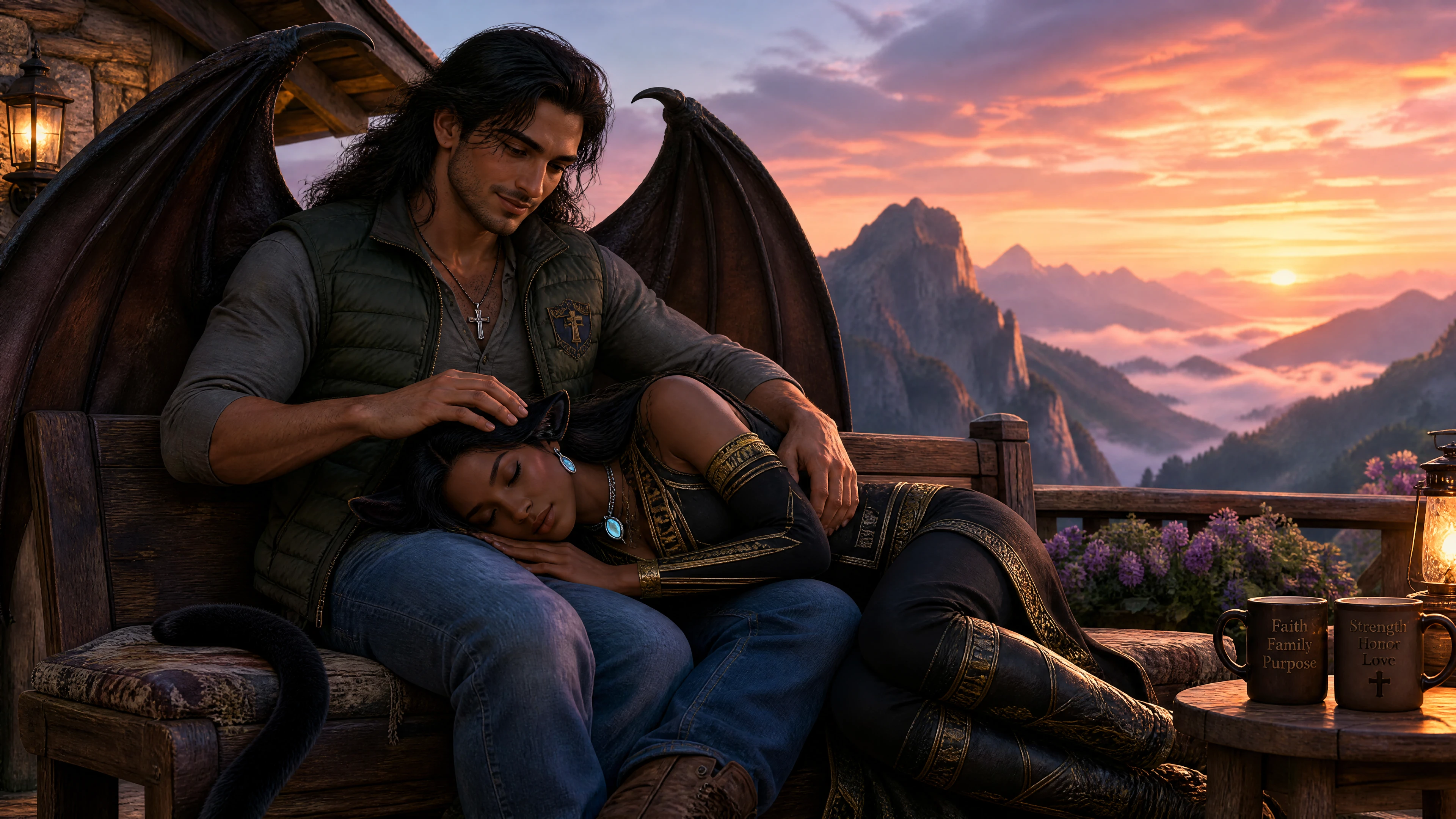 Princesa adormecida descansando no colo de seu amor ao ar livre