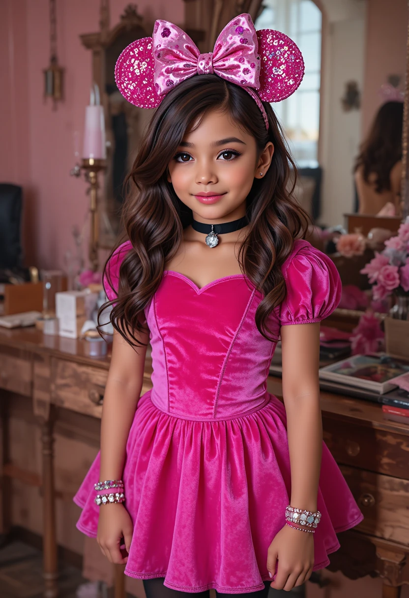 Young boy in princess costume at a vanity mirror