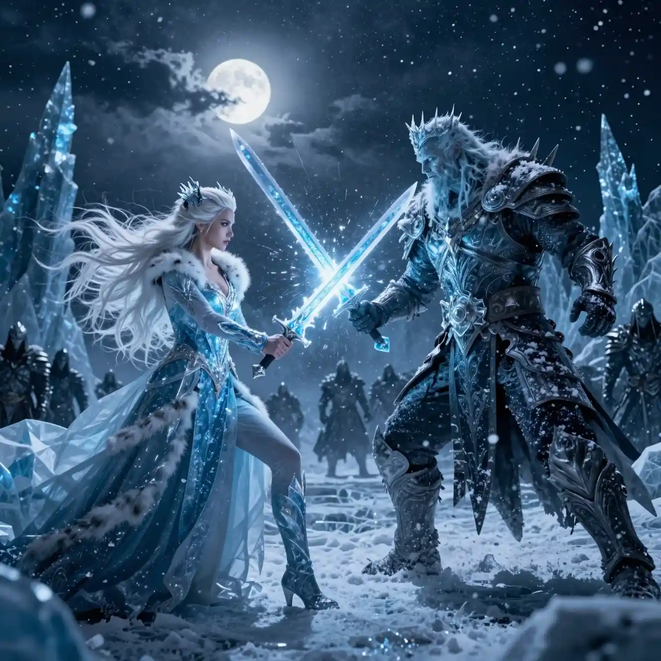 冰雪女王在冰封月夜荒原上與黑暗之王決鬥