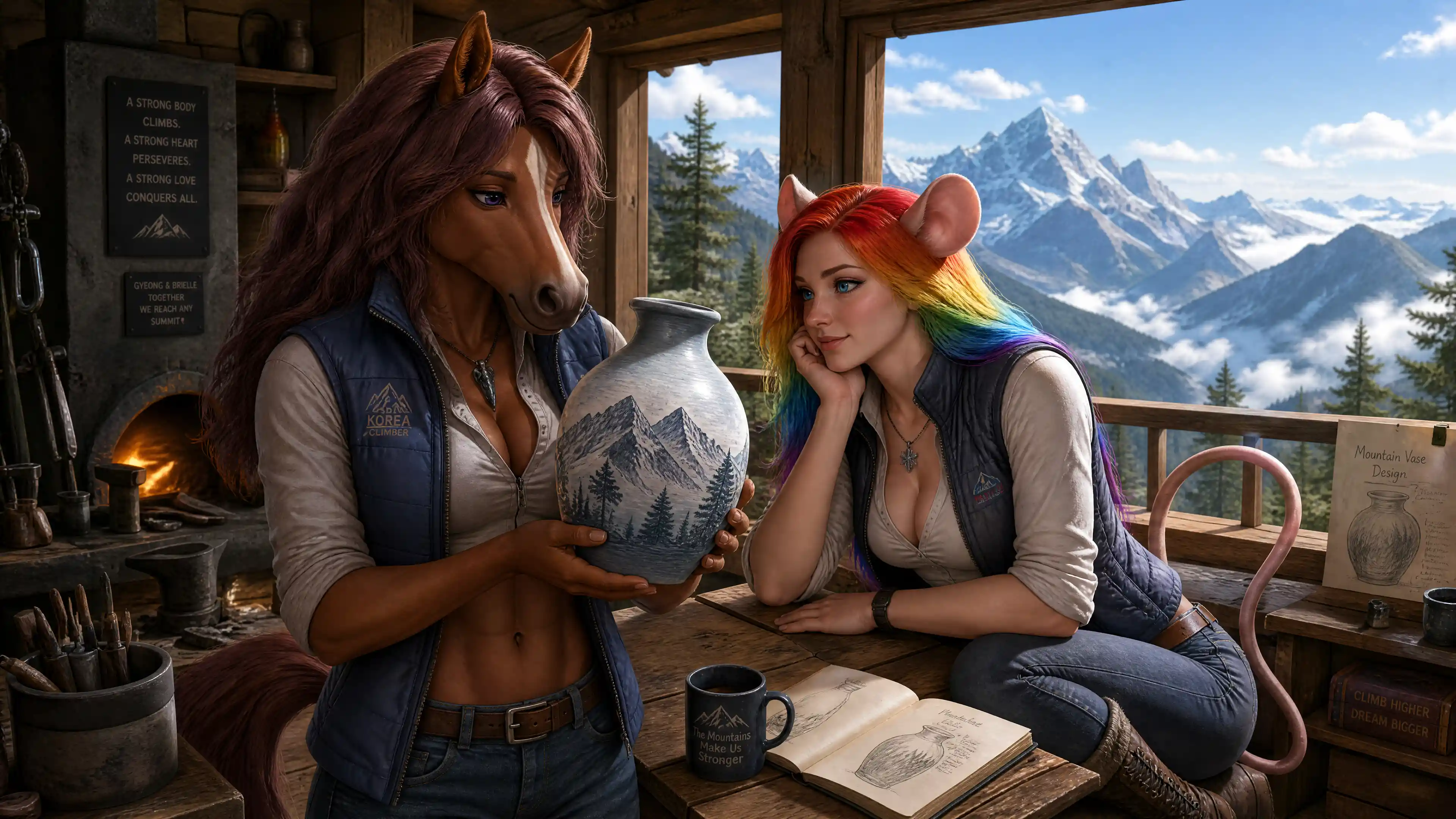Anthro horse woman admiring a handmade mountain vase