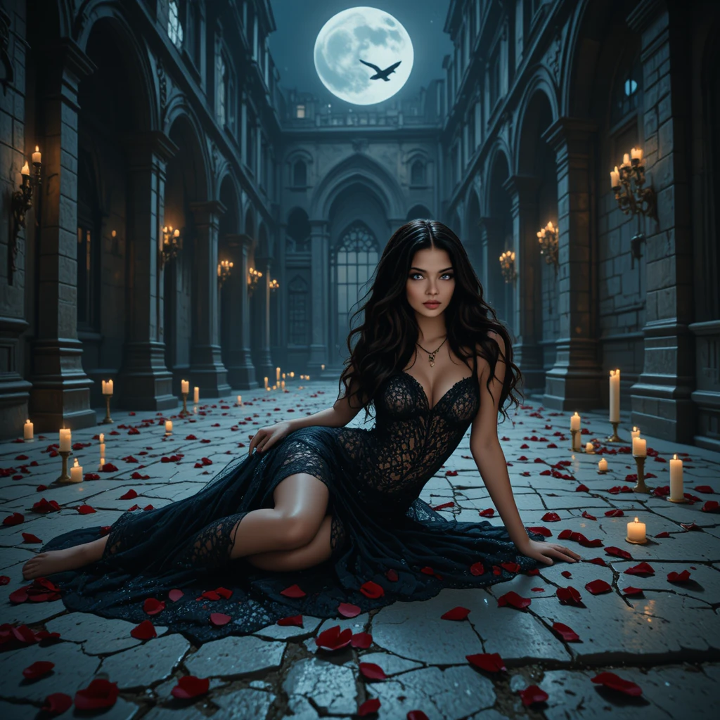 Elegant dark haired woman in a moonlit gothic courtyard