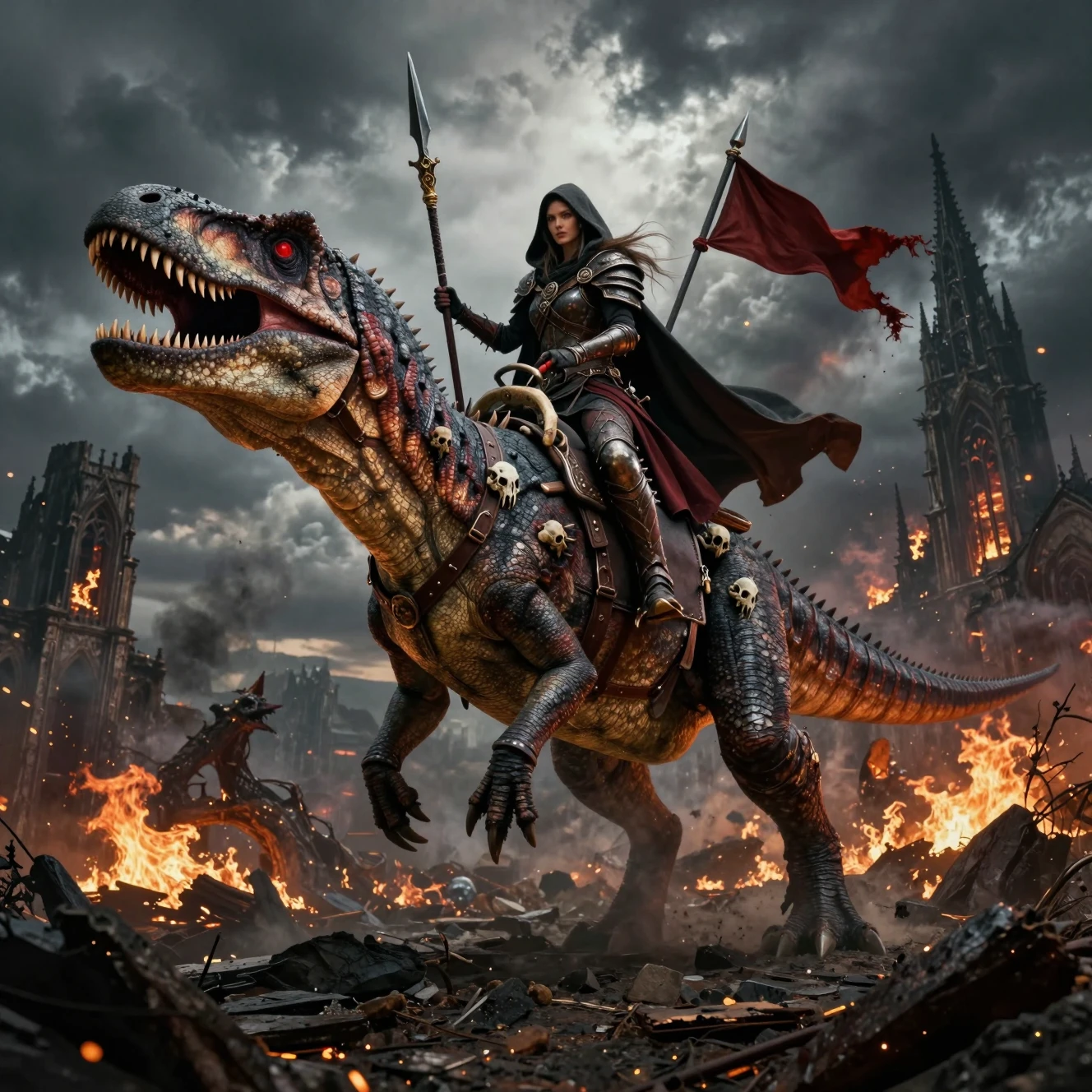 Mujer Guerrera Montando un Postosuchus en Ruinas Góticas en Llamas