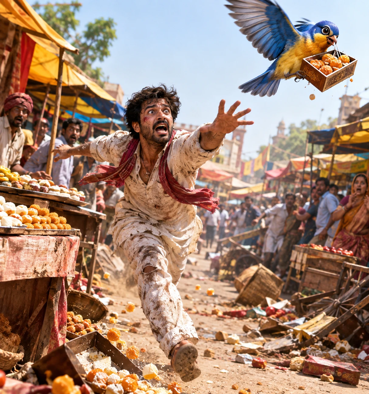 Man chasing a bird stealing sweets in a busy market