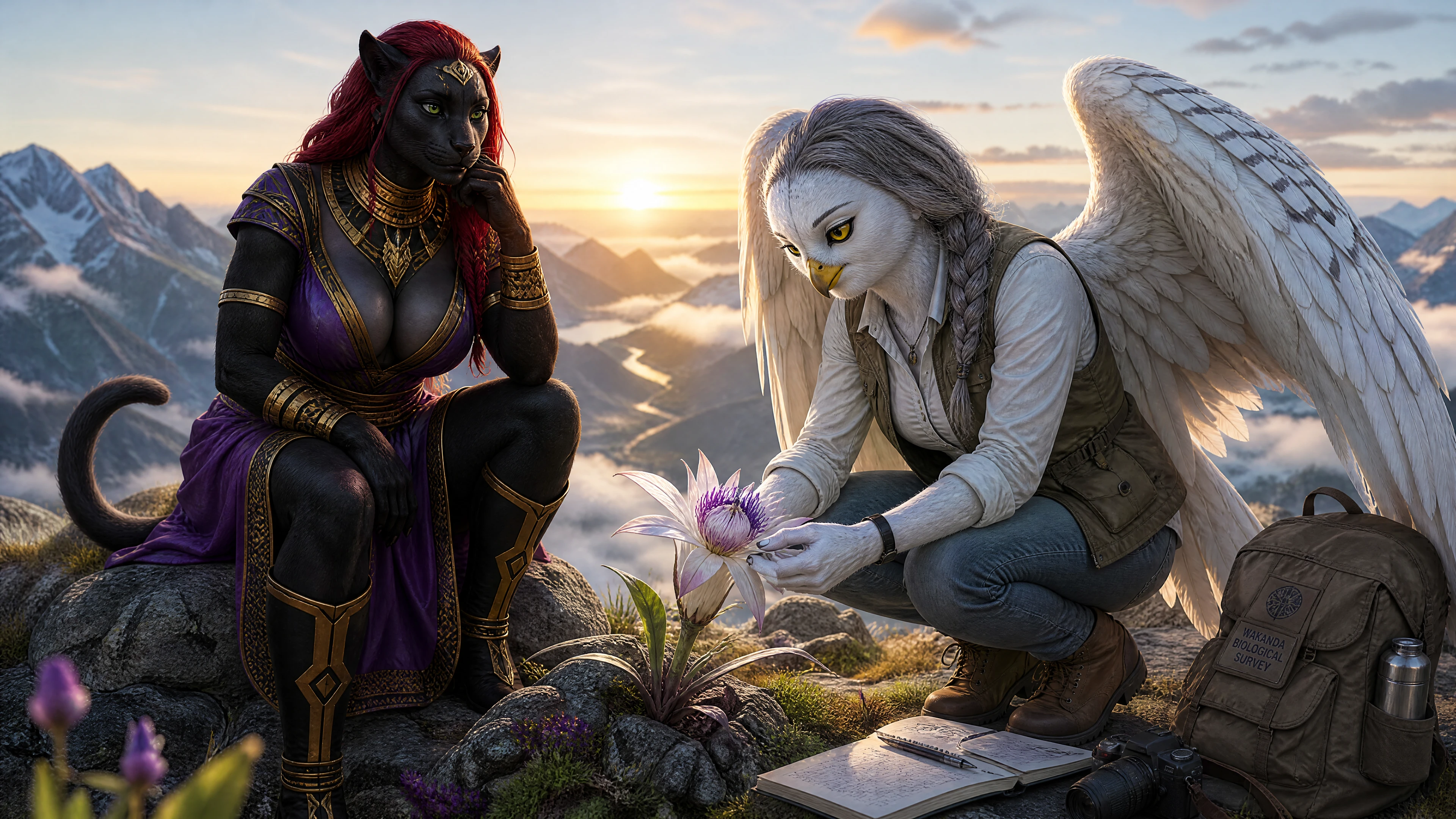 Coppia fantasy che studia fiori sulla cima di una montagna