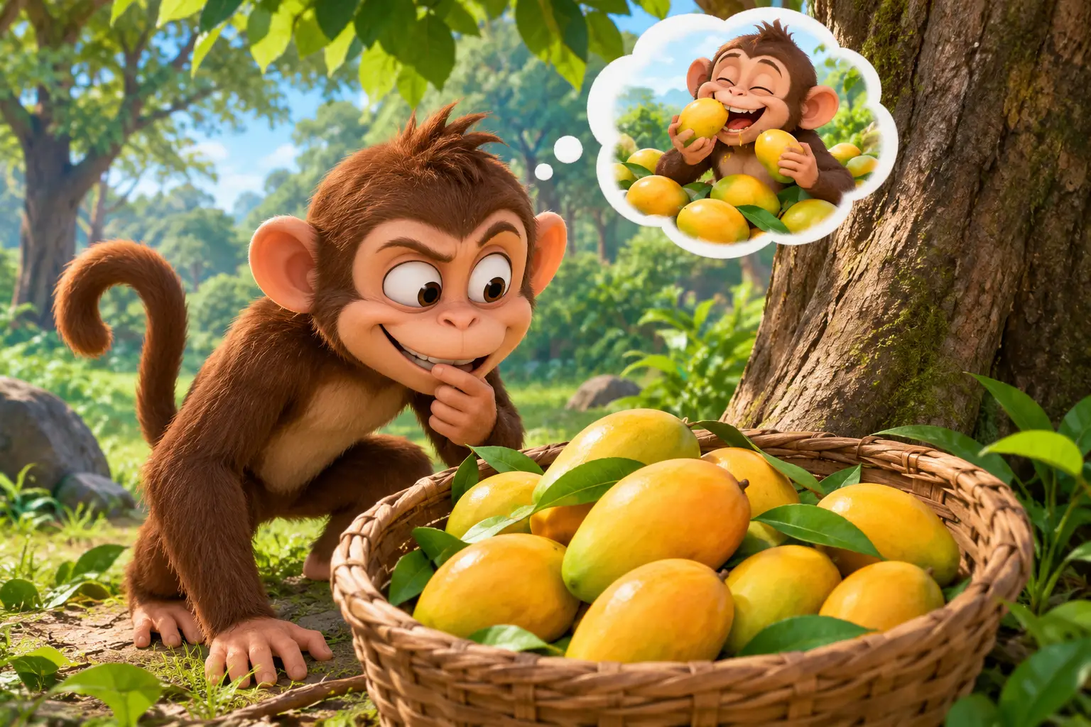 Verspielter Affe findet einen Korb voller Mangos im Wald