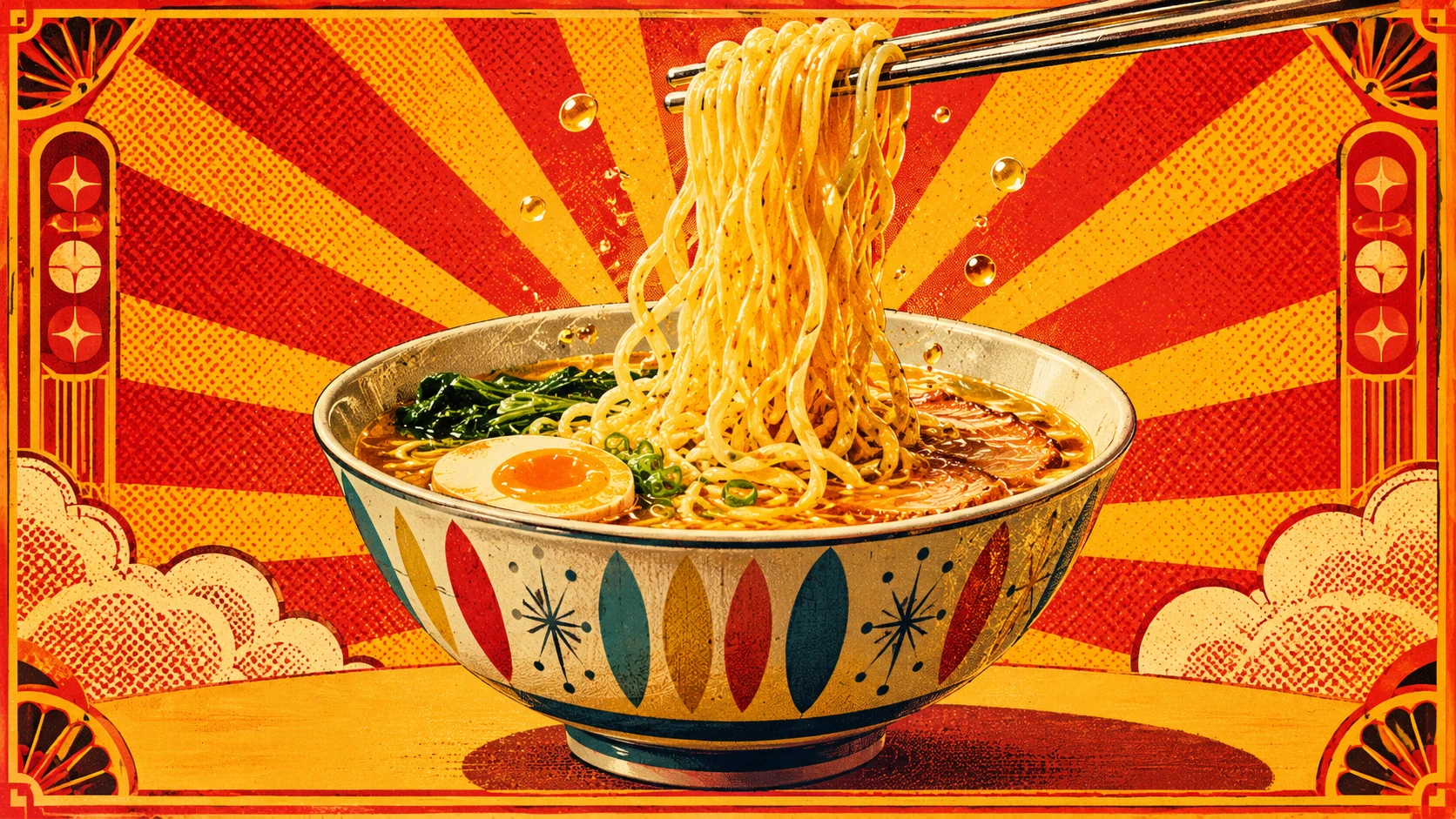 Ciotola di noodles pop art retrò con bacchette cromate