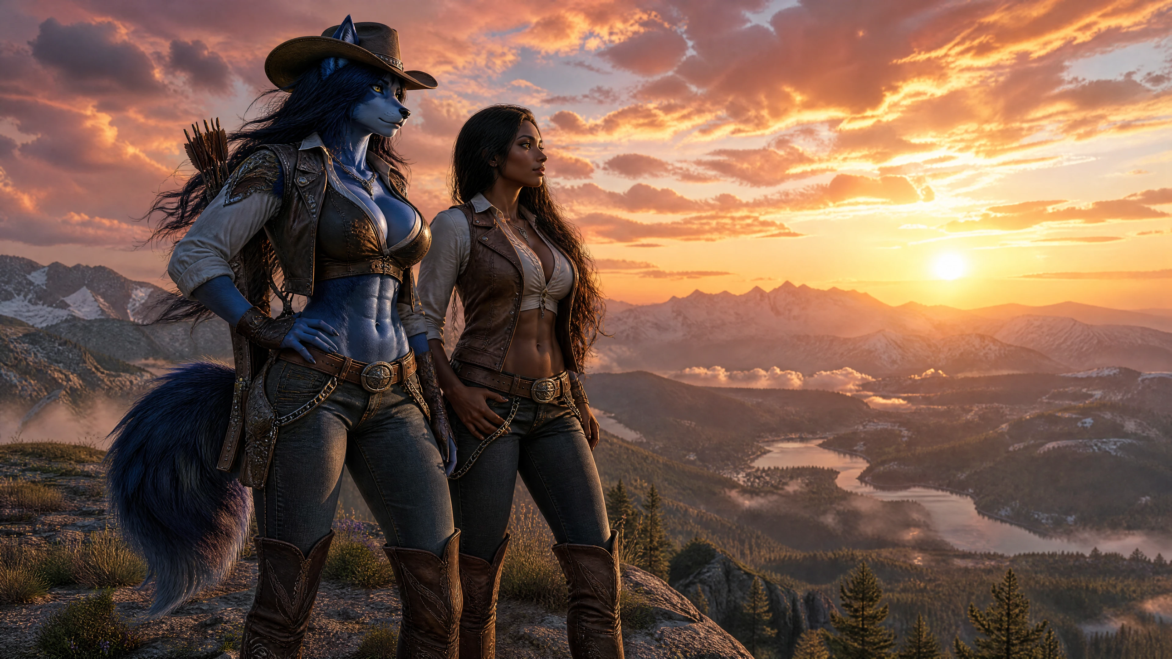 Anthro-Wolfjägerin und Ehefrau am Bergkamm im Sonnenuntergang