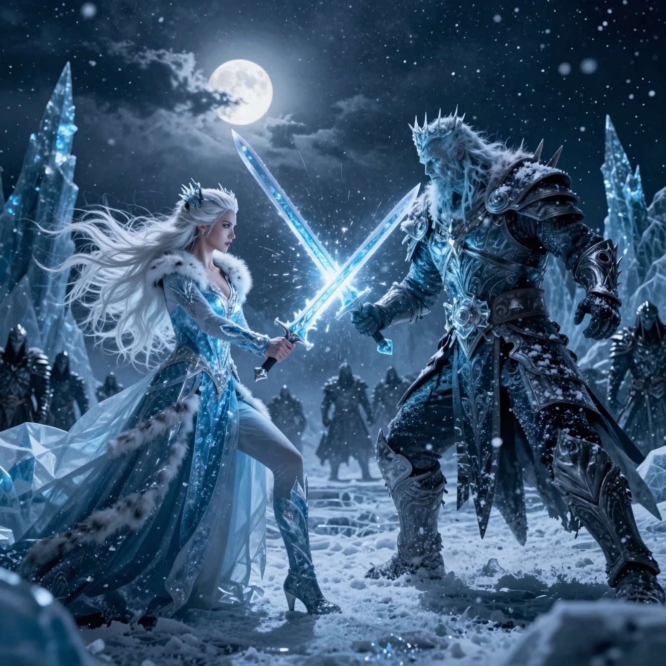 Reina de hielo duelando con un rey oscuro en un páramo congelado a la luz de la luna