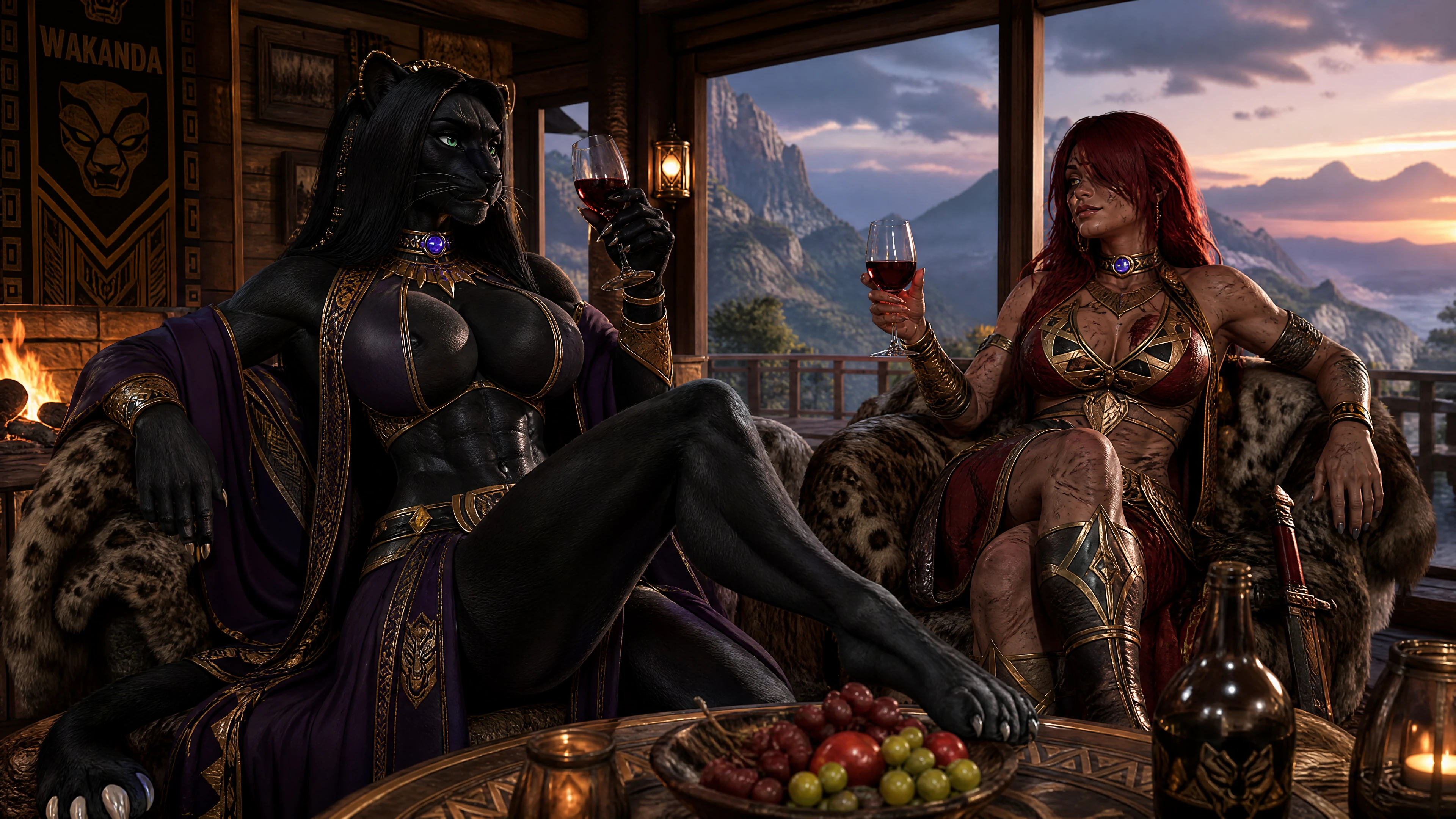 Duas rainhas guerreiras compartilhando vinho em um chalé na montanha