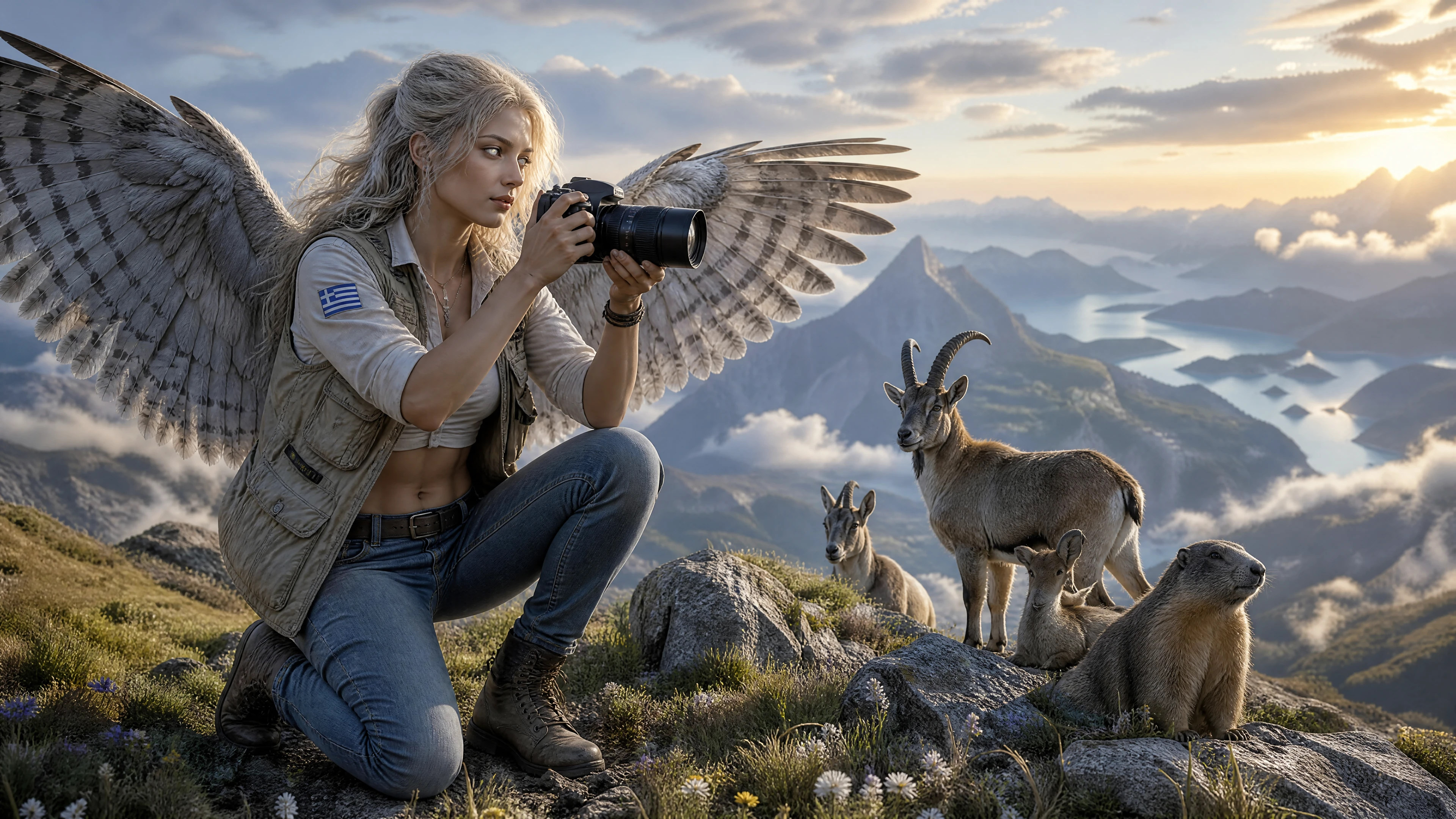 Jovem fotógrafa no topo da montanha com animais