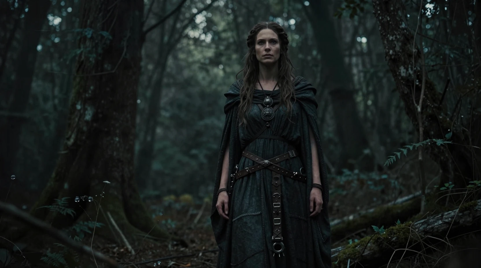 Mulher inglesa mística como deusa pagã em floresta sombria