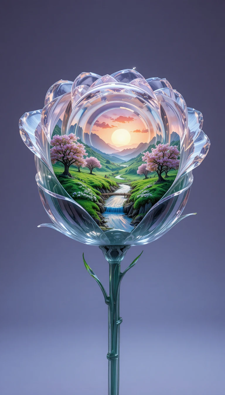 Crystal rose containing a tiny spring valley at dawn