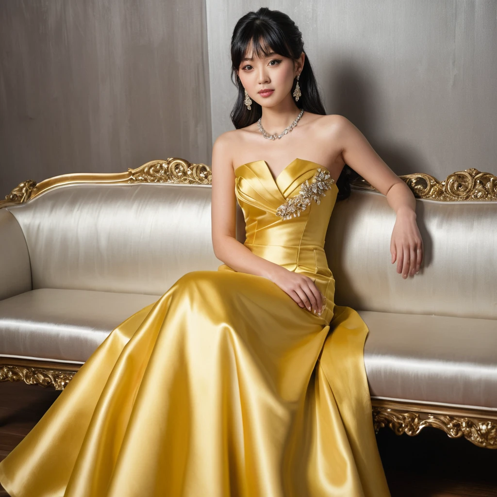 Jovem japonesa elegante em vestido tomara-que-caia de cetim dourado