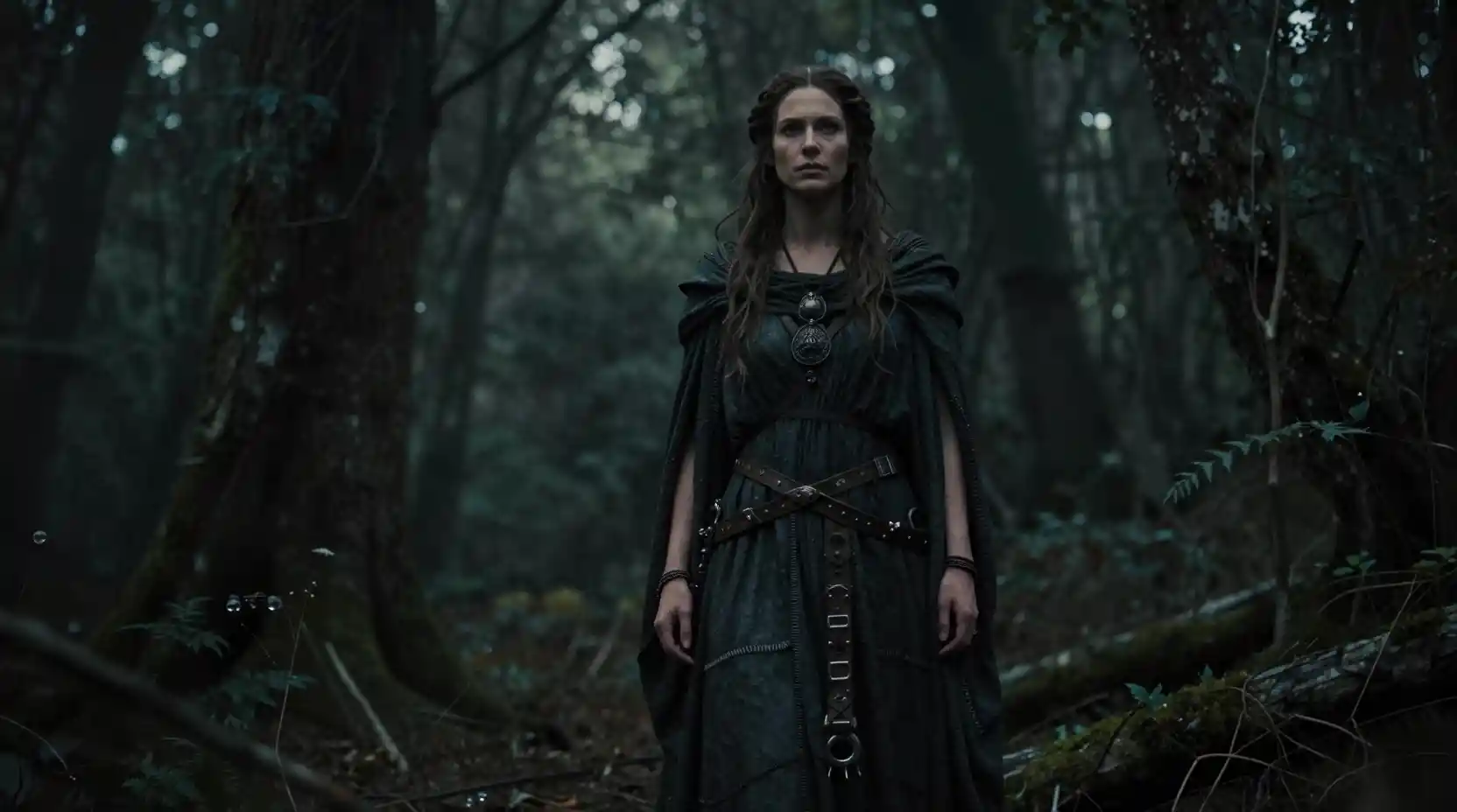 Mystical English woman as pagan goddess in dark forest