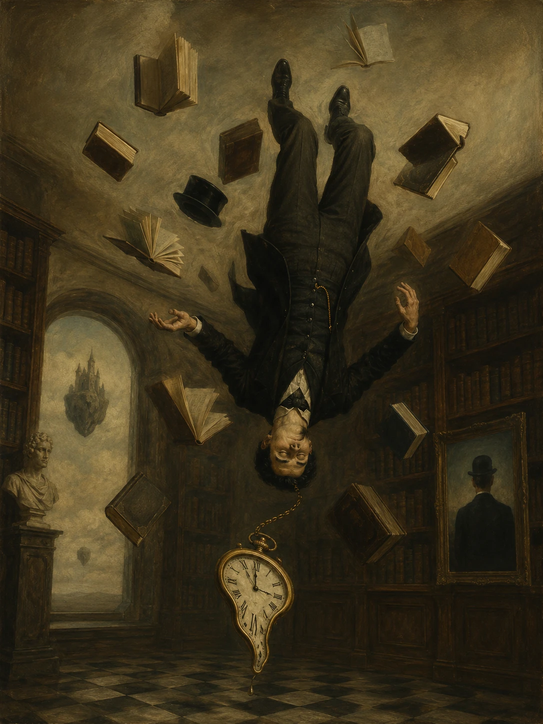 Surreal Victorian man floating upside down in quiet library