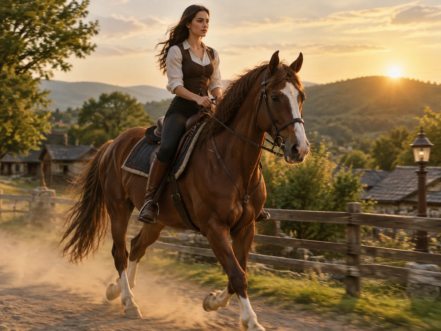 Cavalo e cavaleiro atravessando uma vila empoeirada