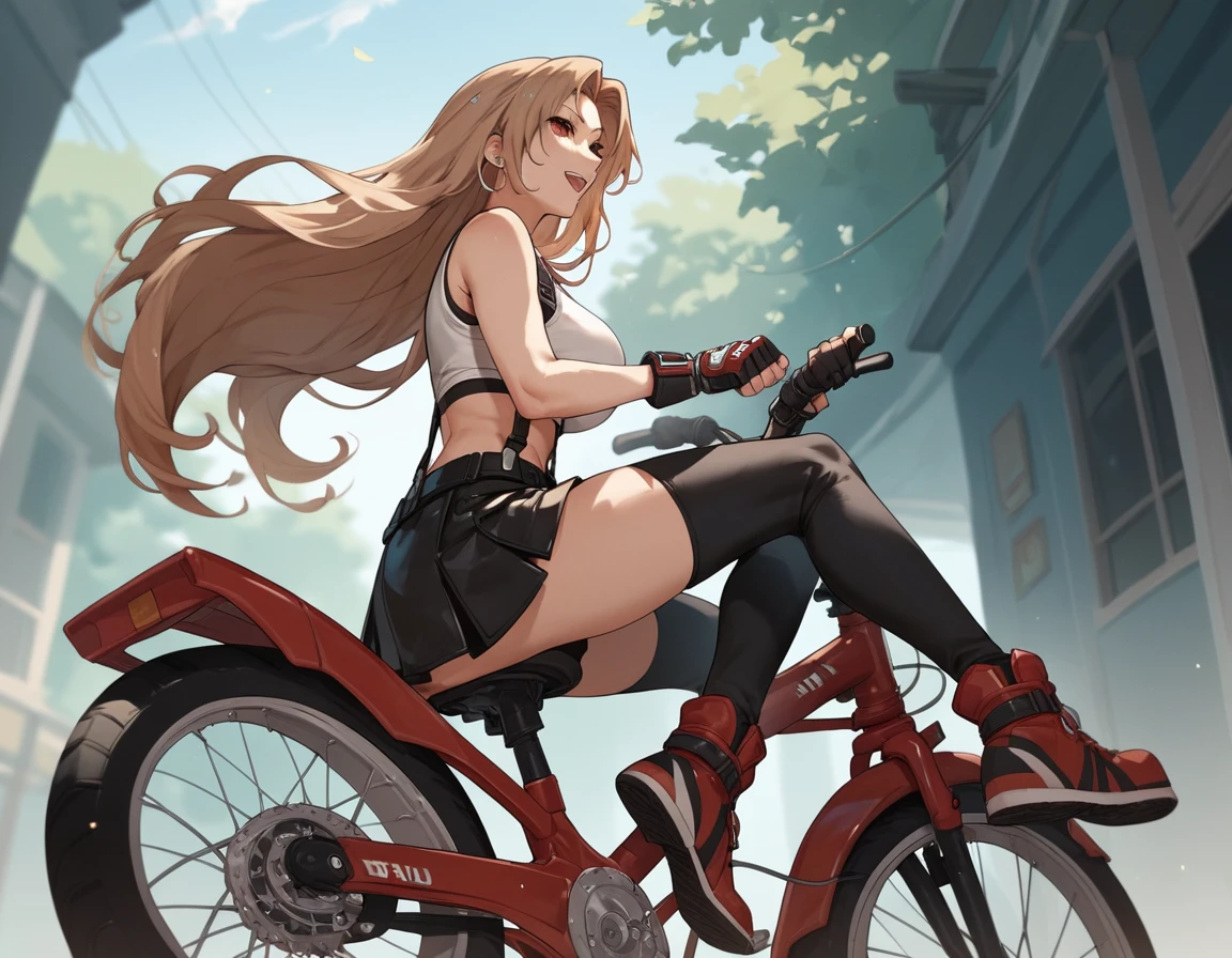 Mulher de anime com cabelo castanho-claro andando de bicicleta