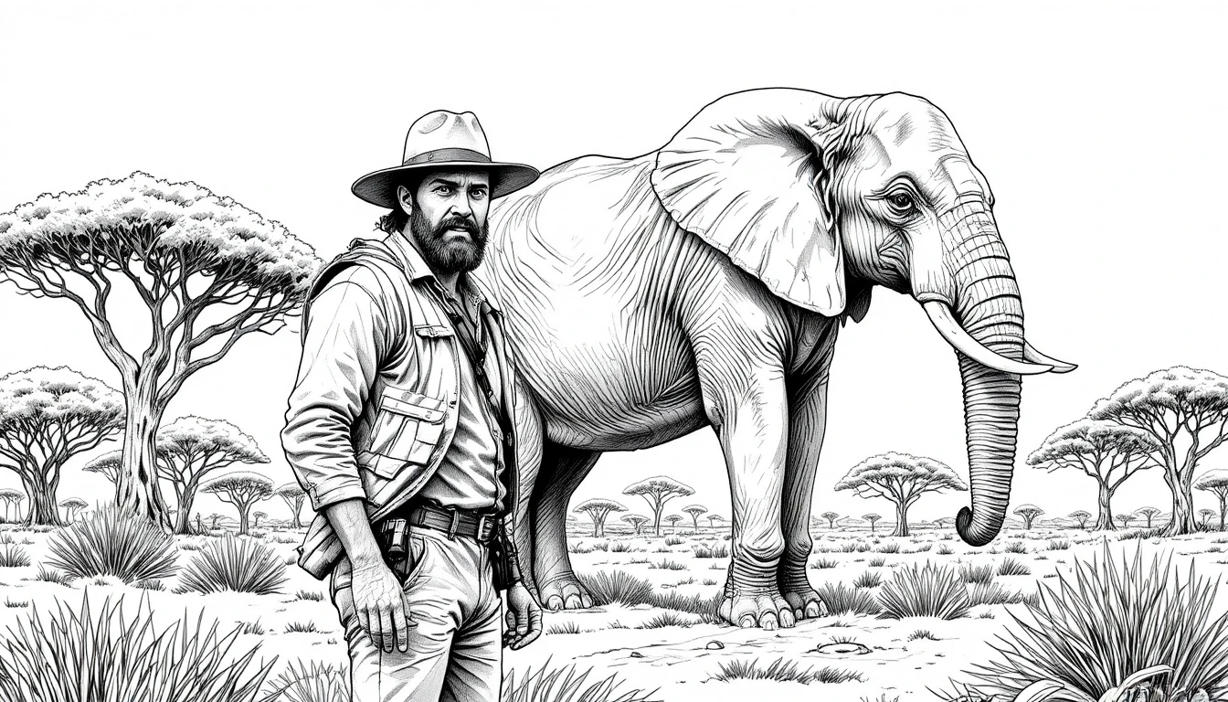 Esploratore con elefante africano in classica illustrazione a linee