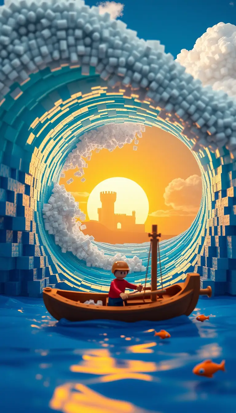 Surreal gebaute Block-Ozeanwelle mit Spielzeugboot und Sonnenuntergangs-Portal