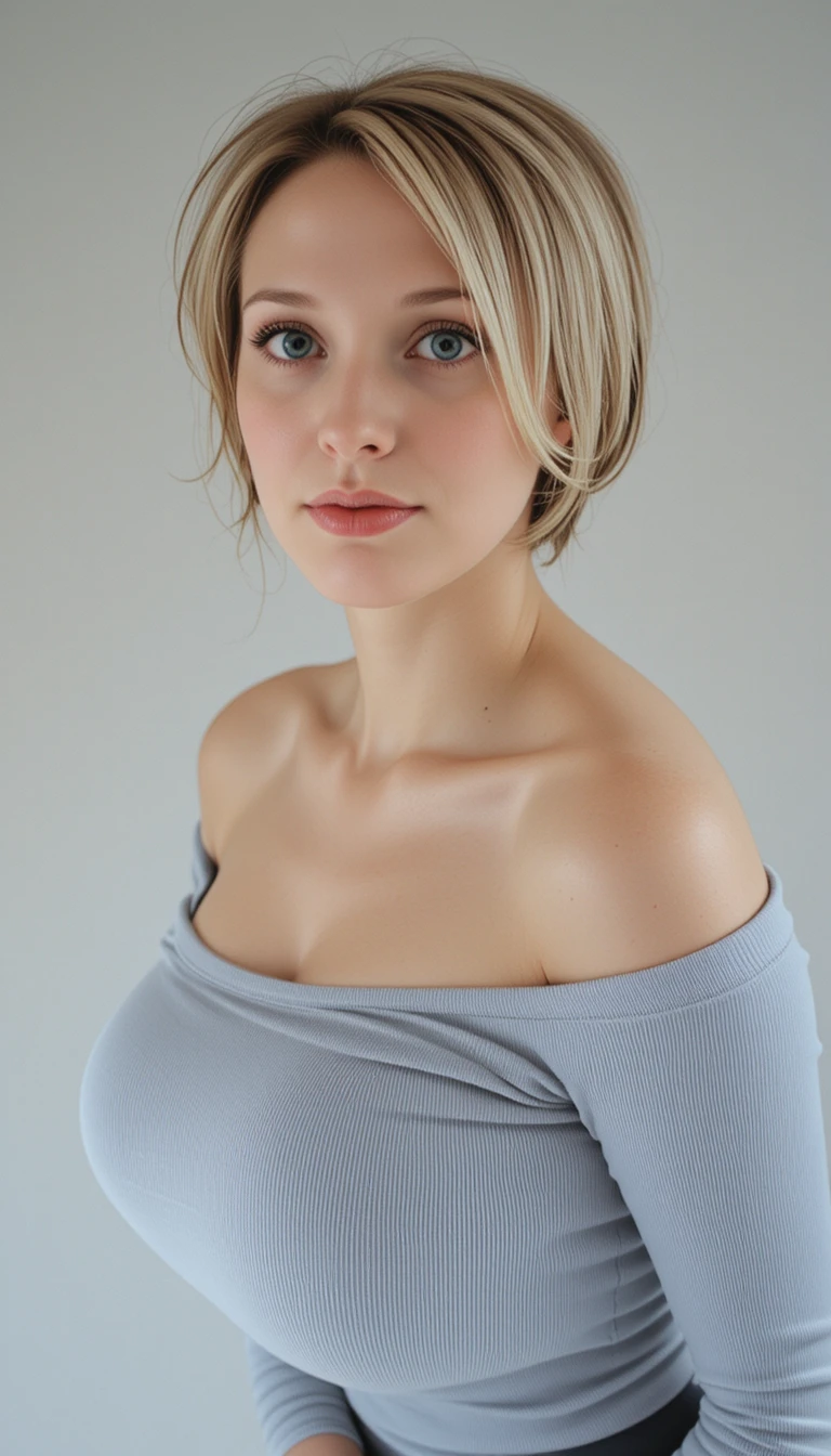 Garota loira de cabelo pixie com blusa ombro a ombro
