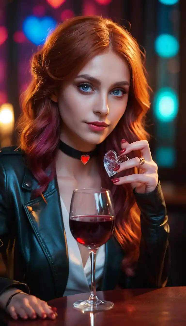 夜店酒廊裡拿著紅酒的魅惑紅髮女子
