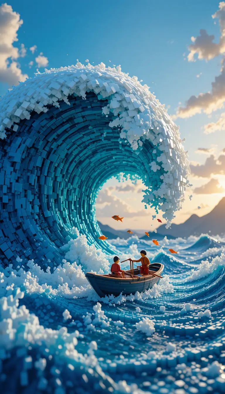 Tsunami aus Spielbausteinen ragt über winzigem Fischerboot auf
