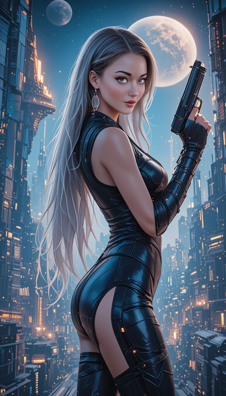 Mulher sci-fi de cabelo branco com pistolas de plasma na cidade