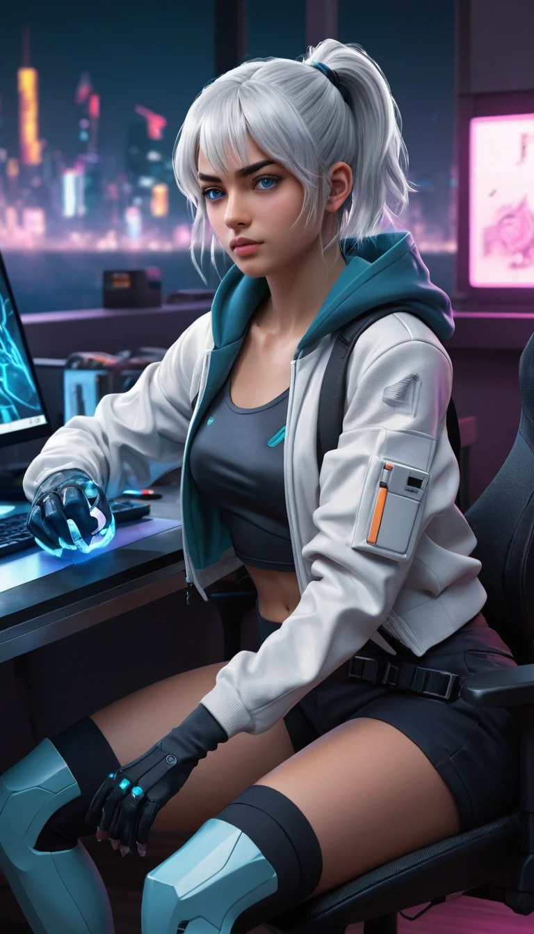 Garota de anime de cabelo branco calma em uma mesa à noite