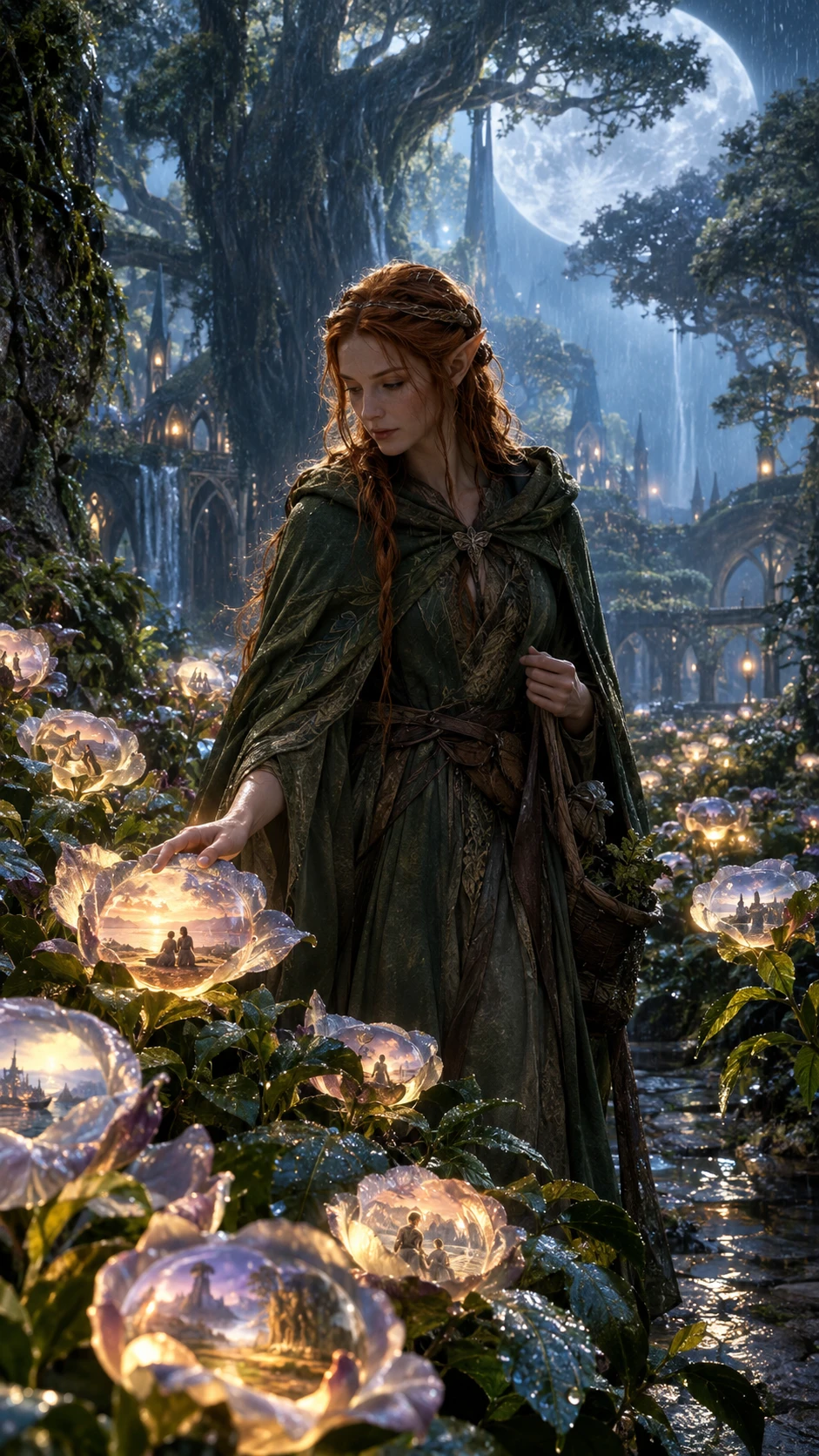 Elven gardener walking through a moonlit fantasy garden