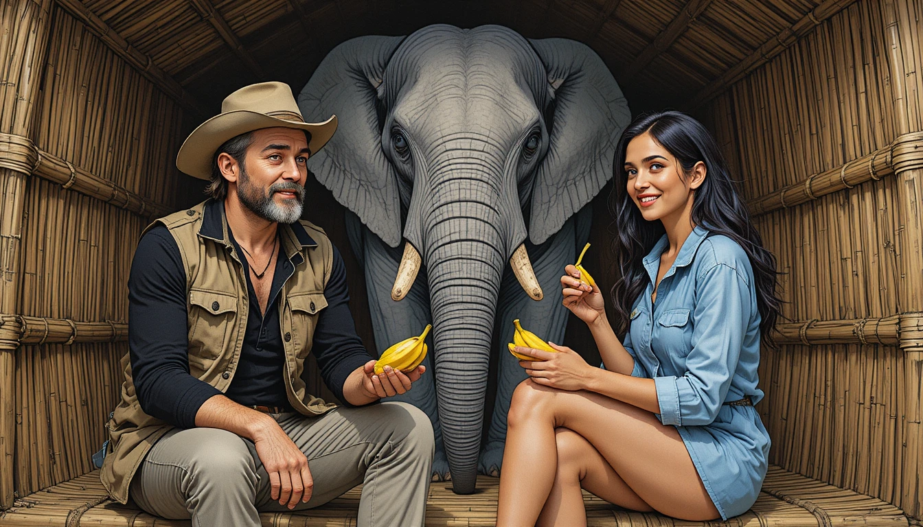 Esploratore ed elefante africano in una classica scena a disegno lineare