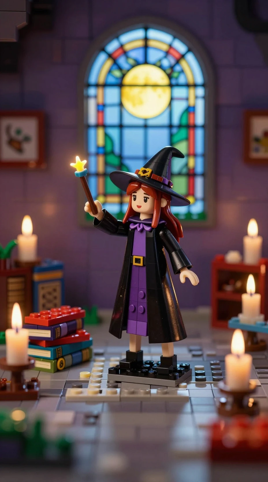 Jovem bruxa lançando magia em uma câmara iluminada por velas