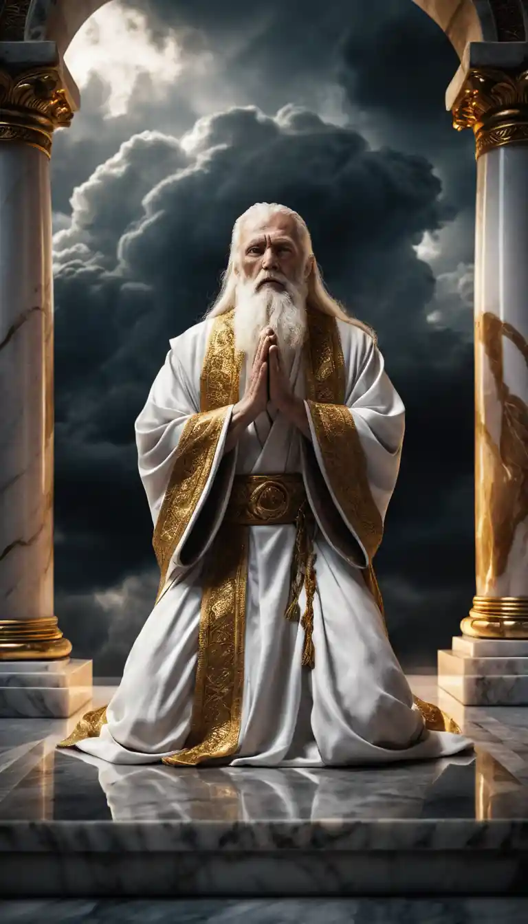 Anziano patriarca che prega a un altare di marmo luminoso sotto nuvole tempestose