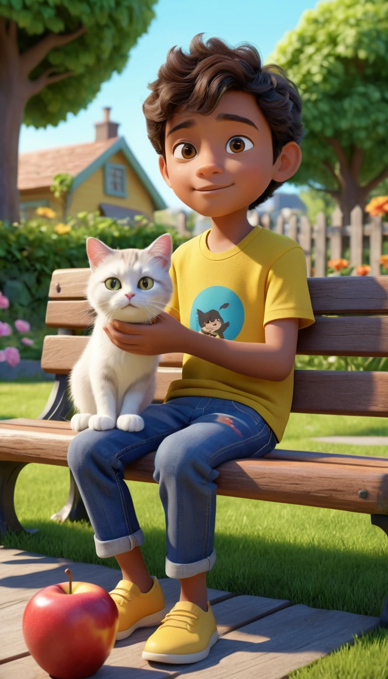 Young Boy And White Cat In Sunny Backyard Garden