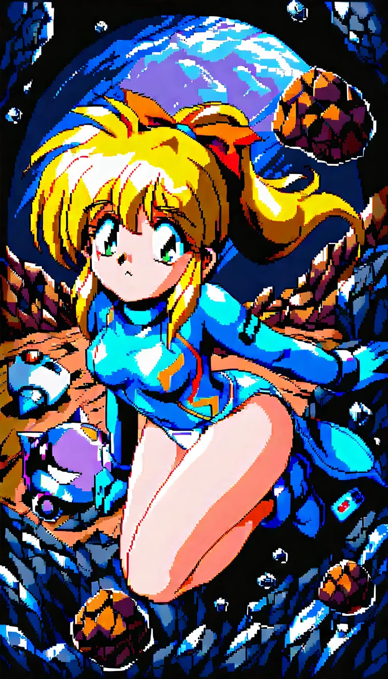 Garota loira de anime em pixel art caminhando perto de prédio futurista