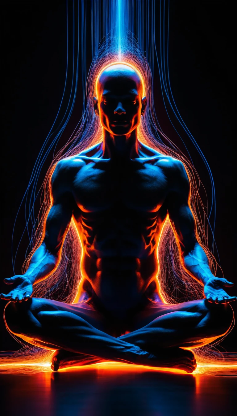 Figura de neón meditando en una oscuridad abstracta y luminosa
