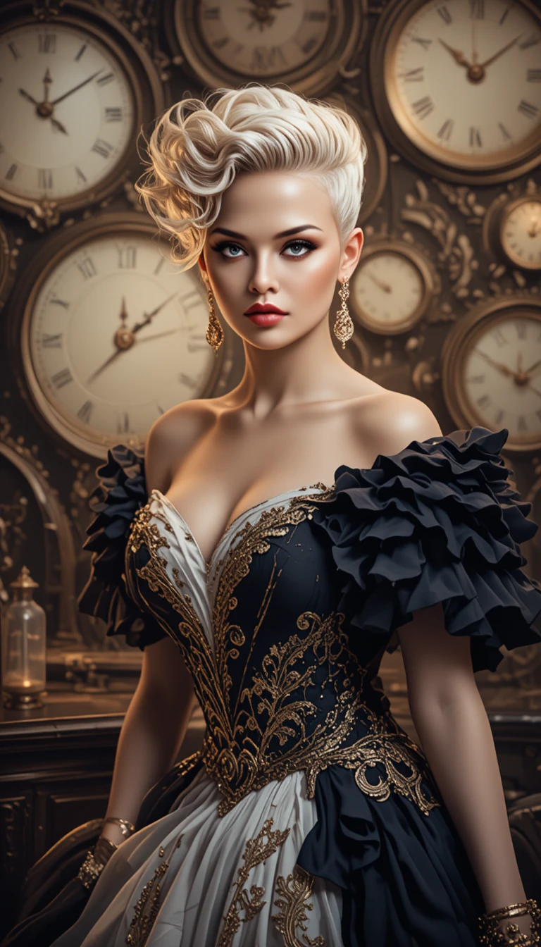 Elegant woman in couture gown before clocks and hourglasses