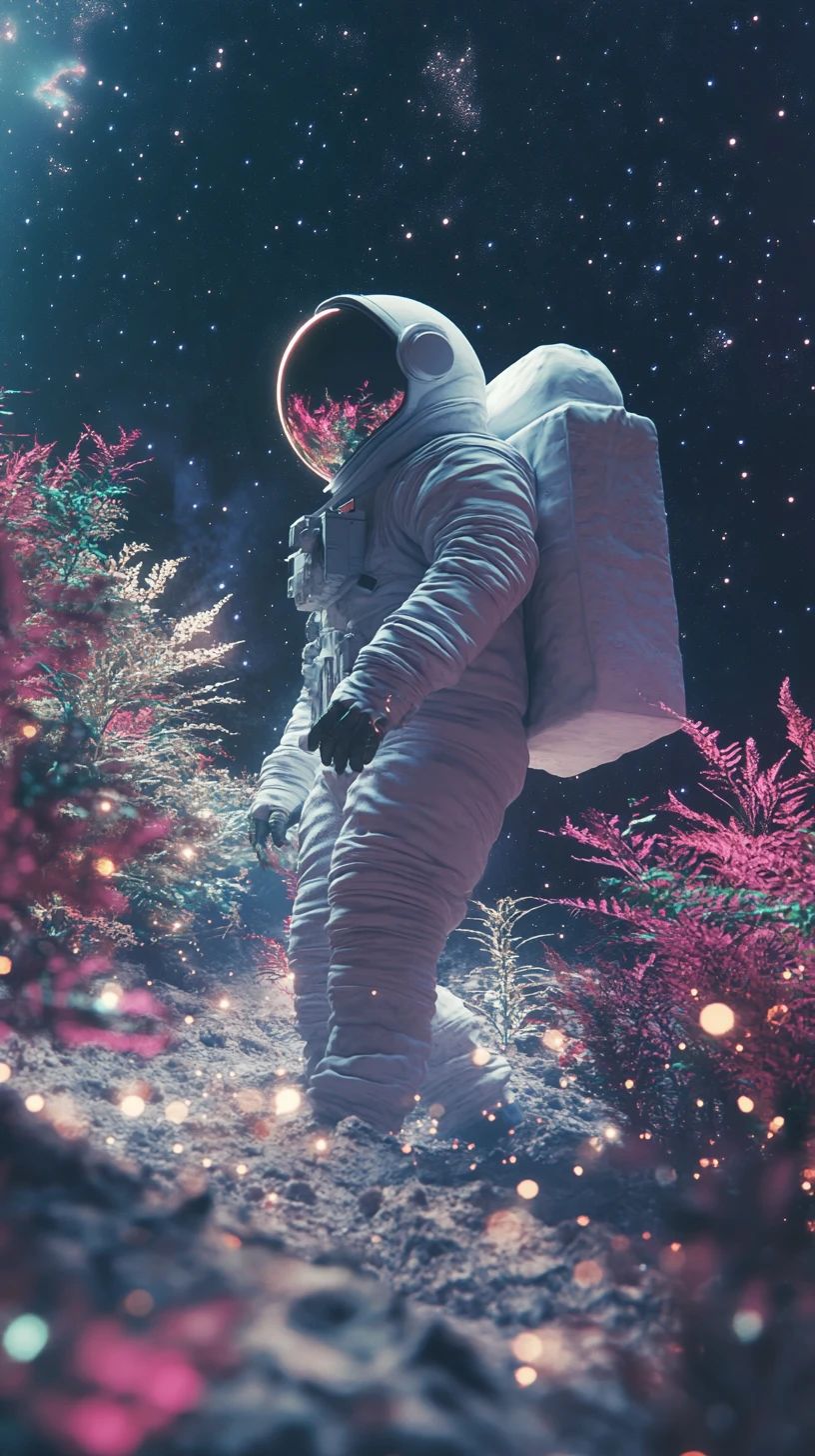 Astronaut wandert durch weitläufigen kristallinen Mondgarten